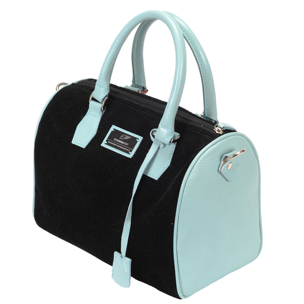 BackFire Handbag - Corduroy Black / Leather Light Blue