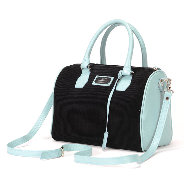 BackFire Handbag - Corduroy Black / Leather Light Blue