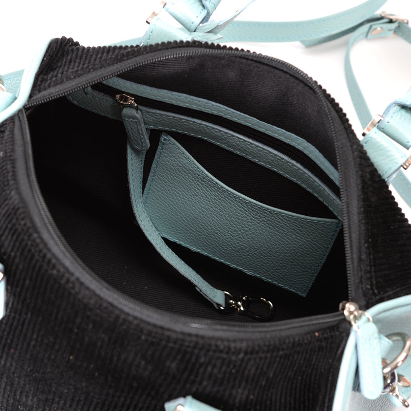 BackFire Handbag - Corduroy Black / Leather Light Blue